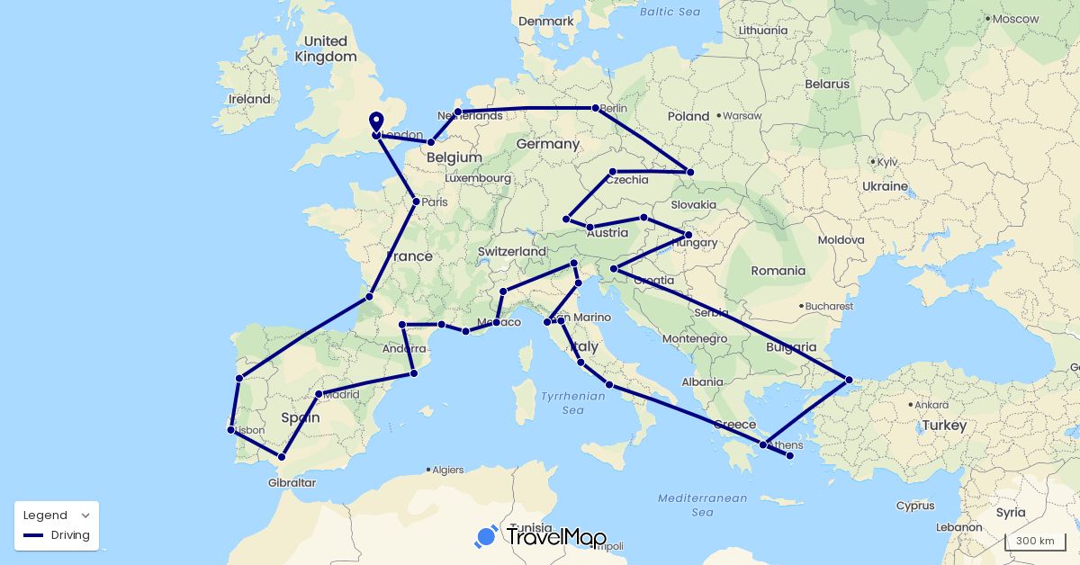 TravelMap itinerary: driving in Austria, Belgium, Czech Republic, Germany, Spain, France, United Kingdom, Greece, Hungary, Italy, Netherlands, Poland, Portugal, Slovenia, Turkey (Asia, Europe)